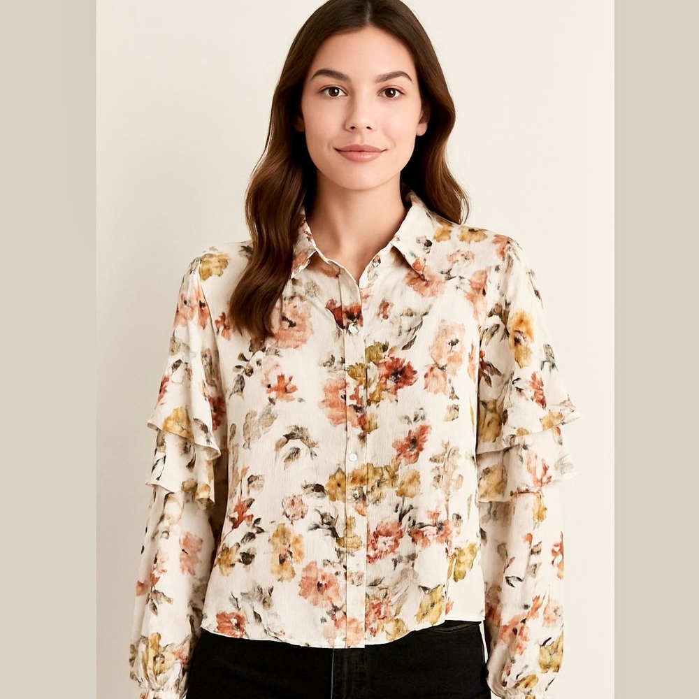Part Two Klennie Ruffle Long Sleeve Floral Button Front Flowy Blouse, size 40/10